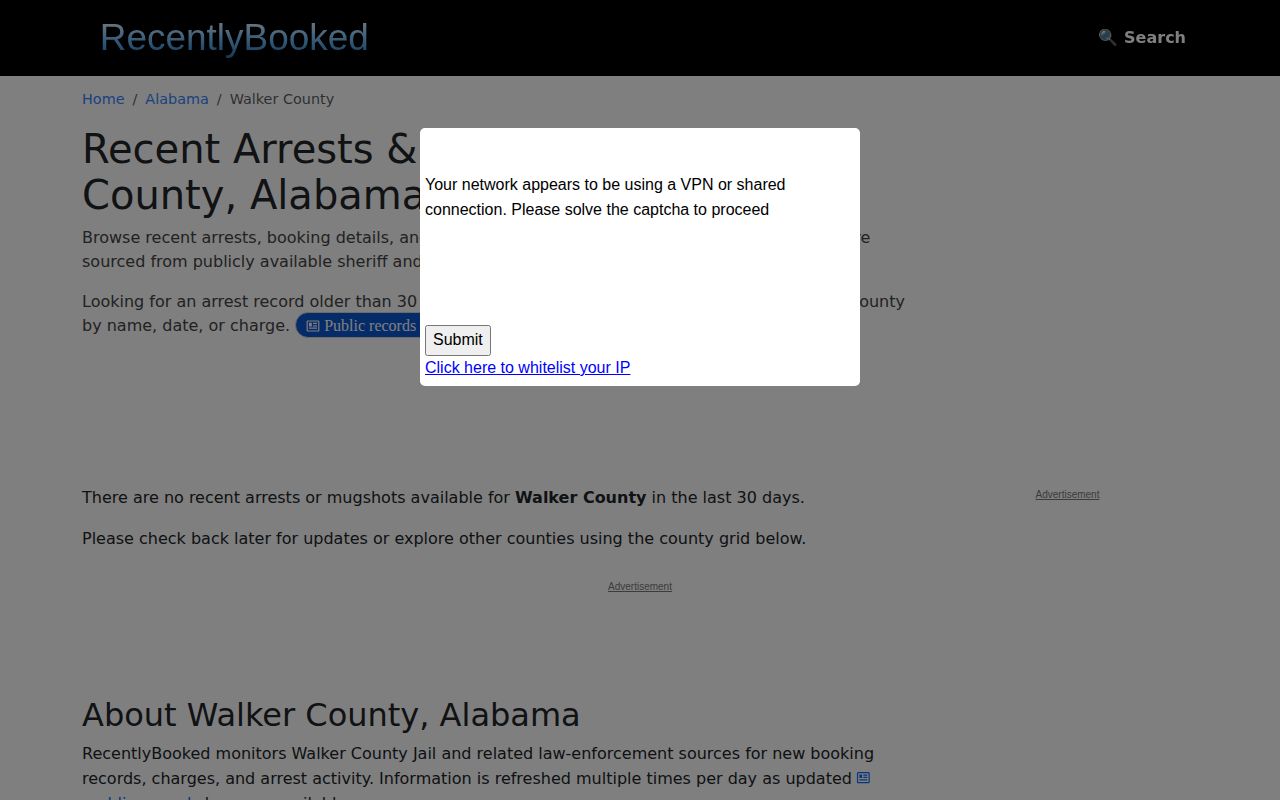 RecentlyBooked unofficial Walker County section with no recent results