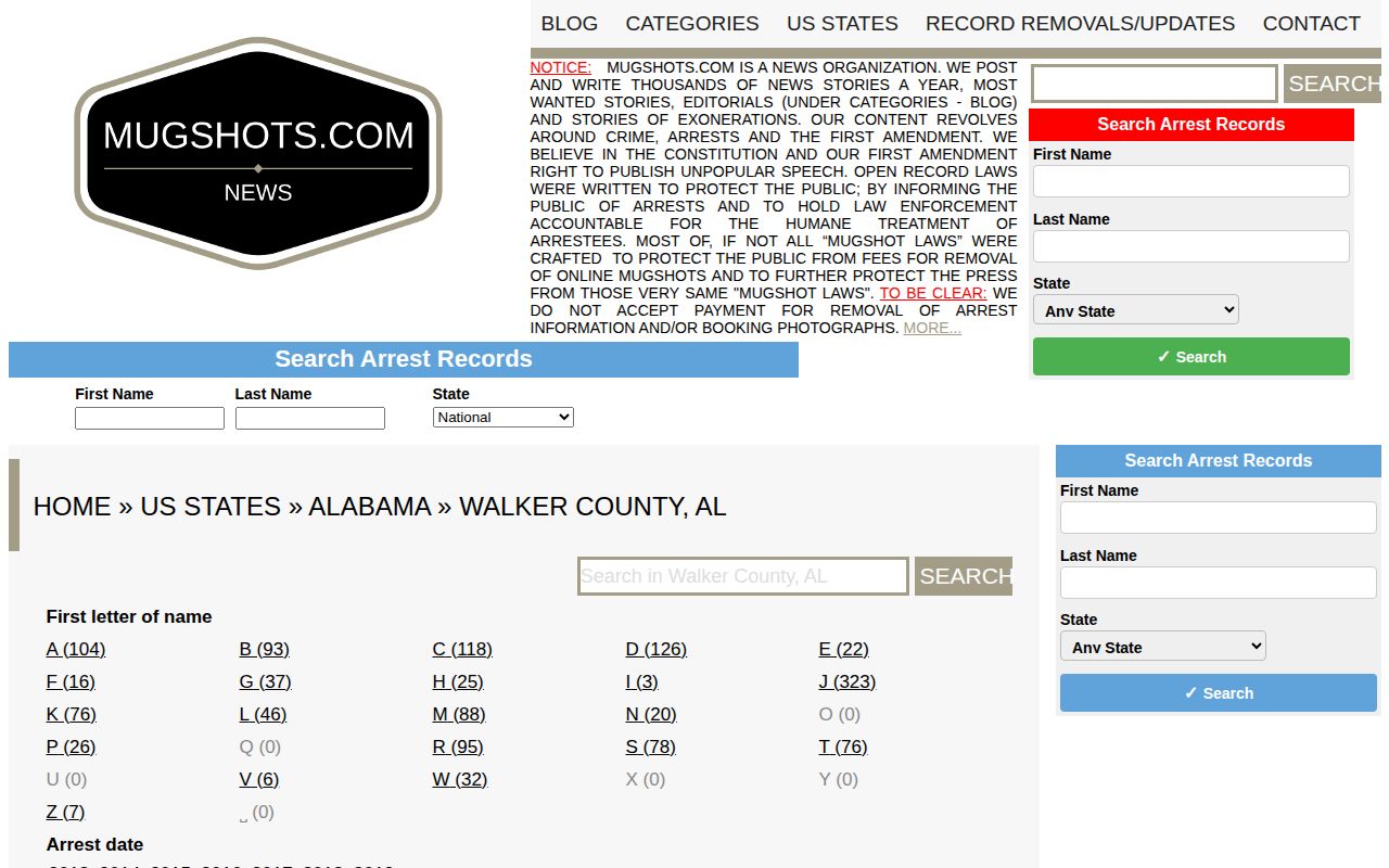 Mugshots.com unofficial Walker County archive interface