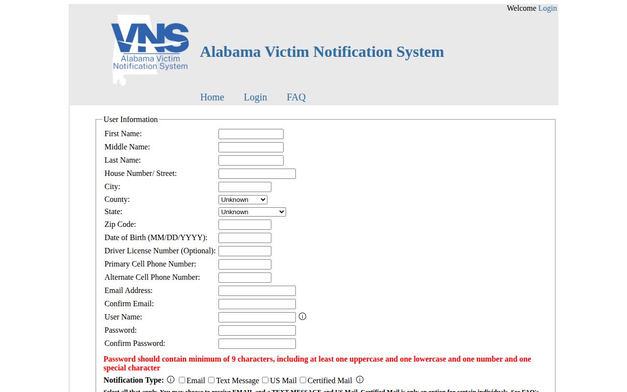 Blank Alabama VNS registration form with notification choices